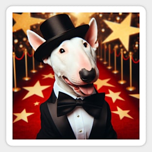 Happy bull terrier wearing tuxedo and hat in front of stars Magnet